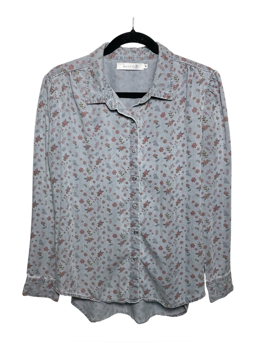 Billy T Button Down Lyocell Floral Print Shirt Ruffle Shoulders
